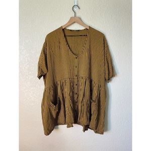 Zara Woman Medium Yellow & Black Gingham Babydoll Peplum Blouse Tunic